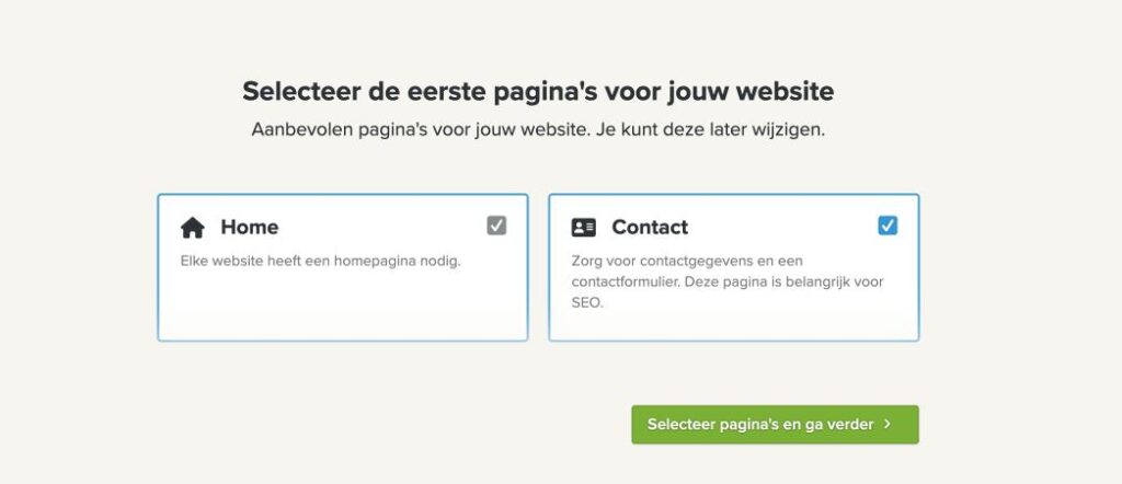 Selecteer de pagina's die je wil toevoegen aan je nieuwe JouwWeb-website.